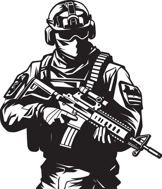 Vector una foto en blanco y negro de un soldado con un arma en la mano