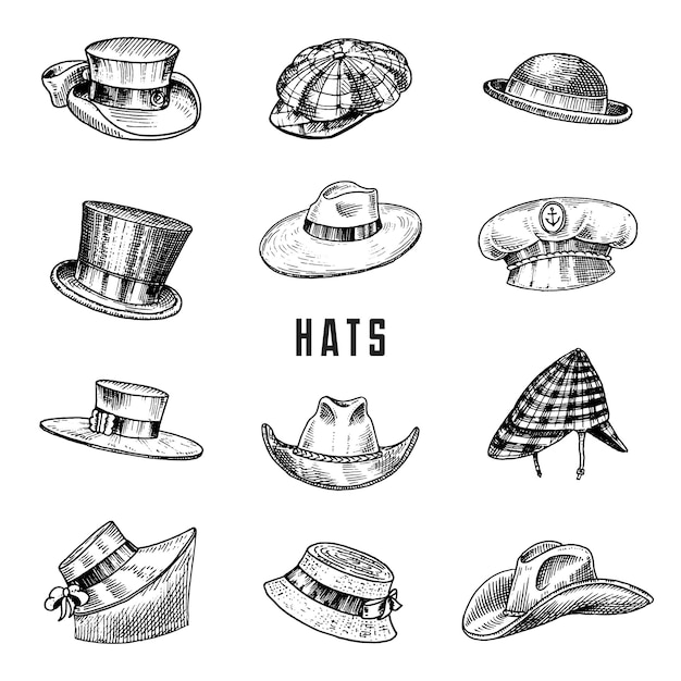 Una foto en blanco y negro de sombreros y gorras.