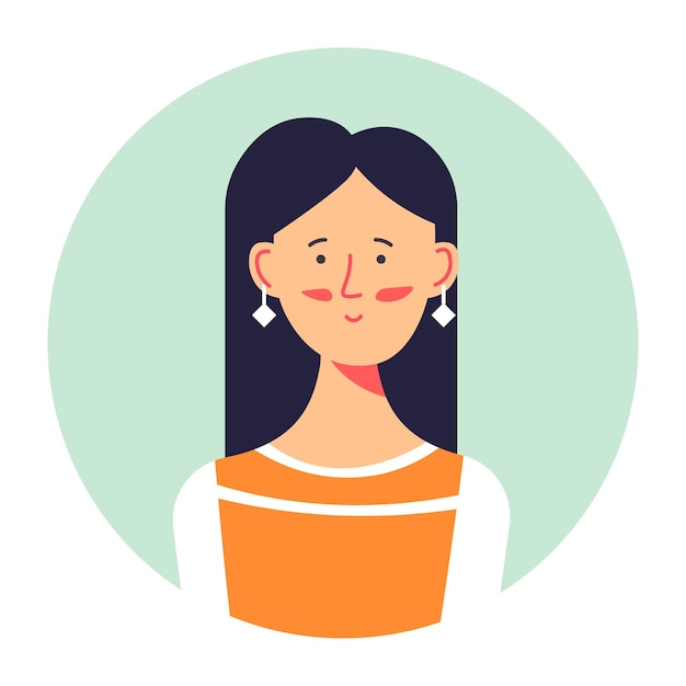 Vector foto de chica adolescente con estilo o avatar, retrato aislado de mujer con aretes. elegante personaje femenino posando, atractiva morena, estudiante de colegio o universidad. vector en estilo plano