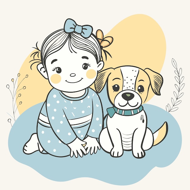 una foto de una chica y un perro con un perro amarillo