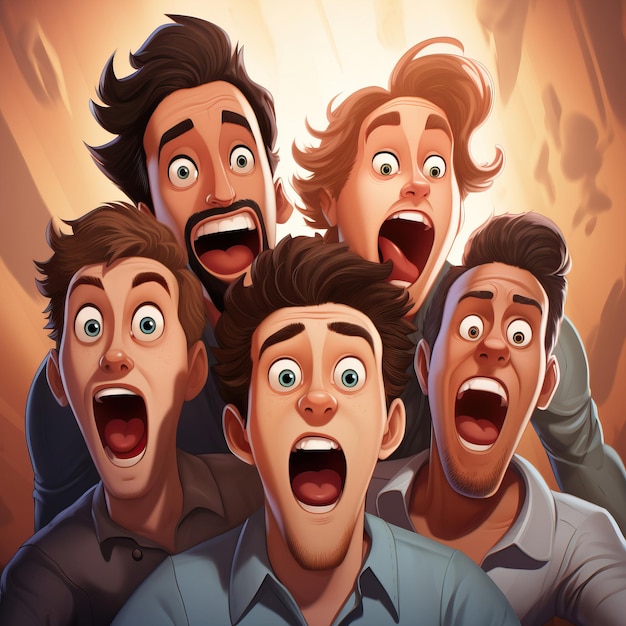 Una foto de chicos con diversas emociones en un estilo de dibujos animados