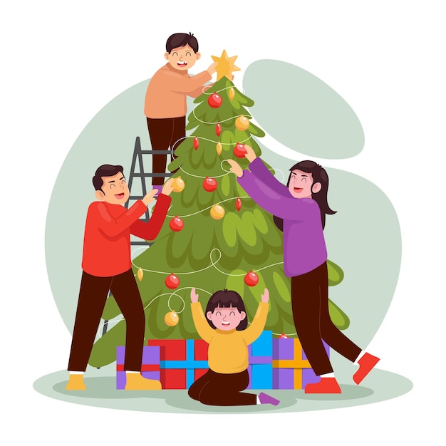 una foto de una familia decorando un árbol de Navidad