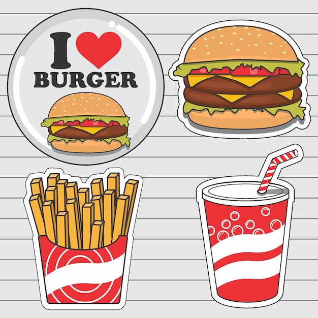 Una foto de una hamburguesa una taza de papas fritas y una soda con las palabras me encantan las hamburguesas en él