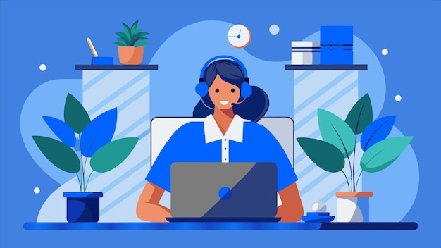 una foto de una mujer con auriculares y una computadora portátil