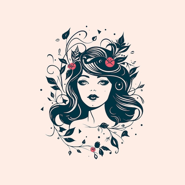 Foto de mujer con cabello rizado y elementos florales Diseño de logotipo vectorial para ropa de moda femenina