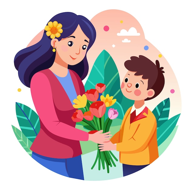 una foto de una mujer y un niño sosteniendo flores