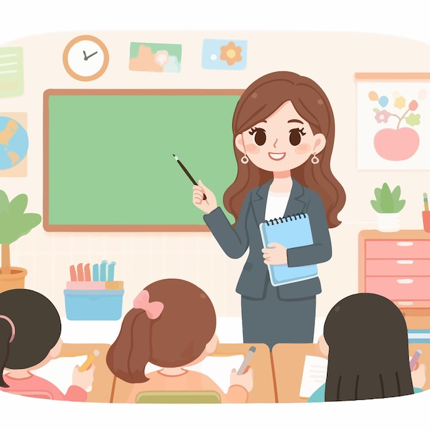 una foto de una niña en un aula con un lápiz en la mano