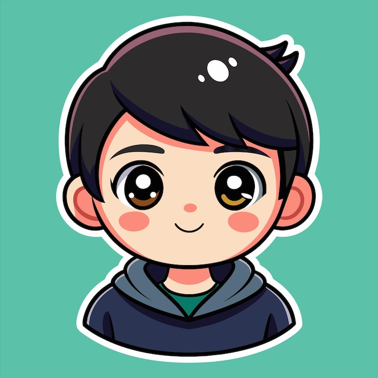 Vector una foto de un niño con ojos marrones y una camisa azul con un punto blanco en el frente