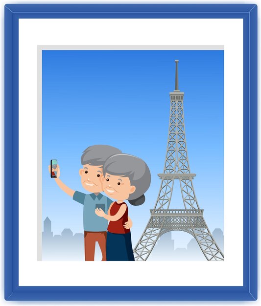 Una foto de una pareja de ancianos se toma un selfie con la torre Eiffel