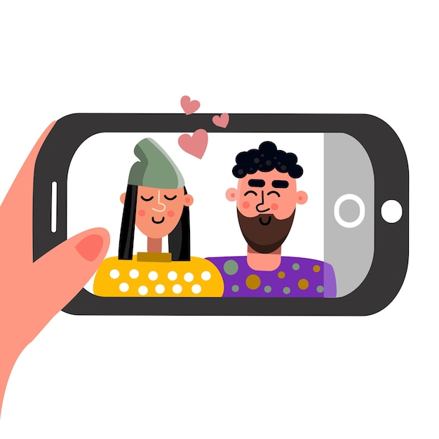 Vector foto de selfie de pareja joven junto con fotografía de retrato de teléfono móvil