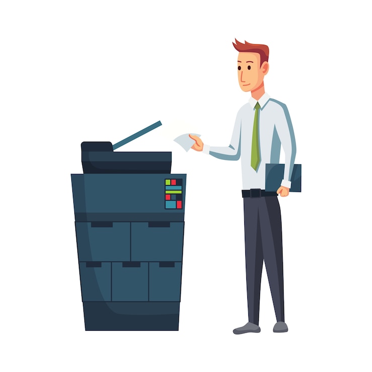 Vector fotocopiadora de documentos de oficina. el trabajador de oficina imprime documentos en la fotocopiadora. el hombre trabaja en una fotocopiadora. concepto de trabajo de oficina.