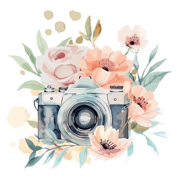 Vector fotografía acuarela logotipo de la cámara floral