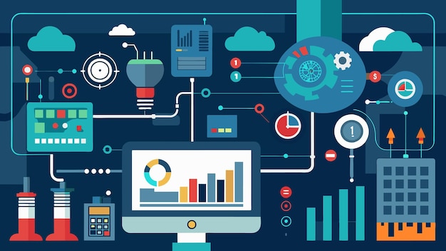 Vector una fotografía de cerca de una pantalla de interfaz digital que muestra datos en vivo y yticas de varias industrias