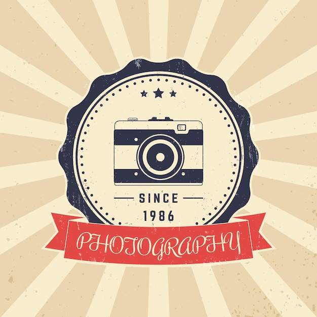 Fotografía, fotógrafo vintage logo, emblema con cámara retro