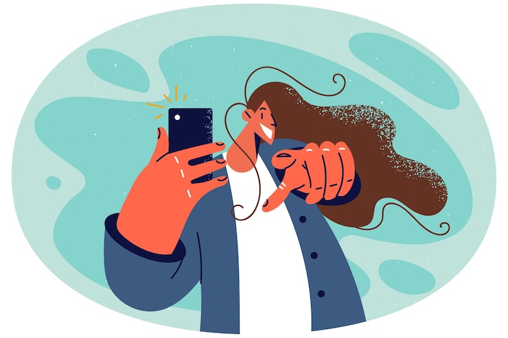 Vector fotografía de mujer sonriente con punto de celular en la pantalla
