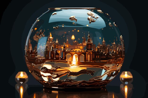 Vector fotografía de paisajes urbanos en una bola de cristal de vidrio transparente