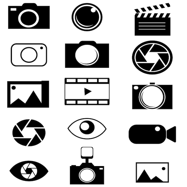 Fotografía vectorial y icono de cámara conjunto de iconos de fotografía imagen galería de fotos y cámara de fotos