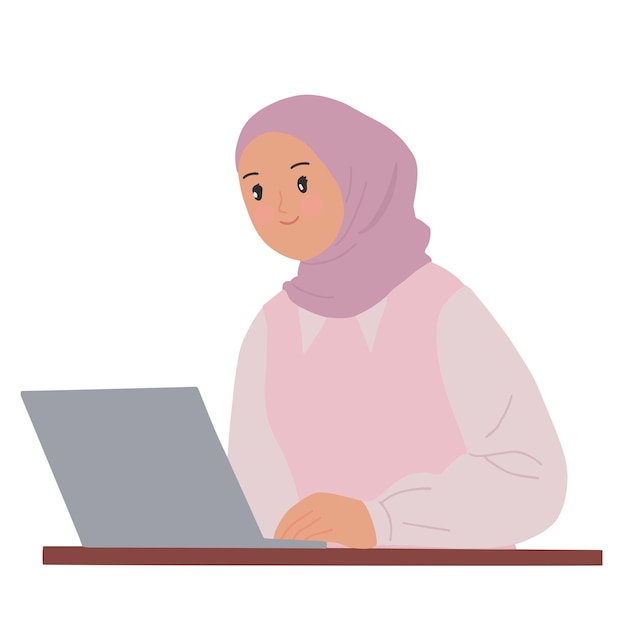 Fotografías hijab mujer musulmana trabaja en la ilustración de la computadora portátil