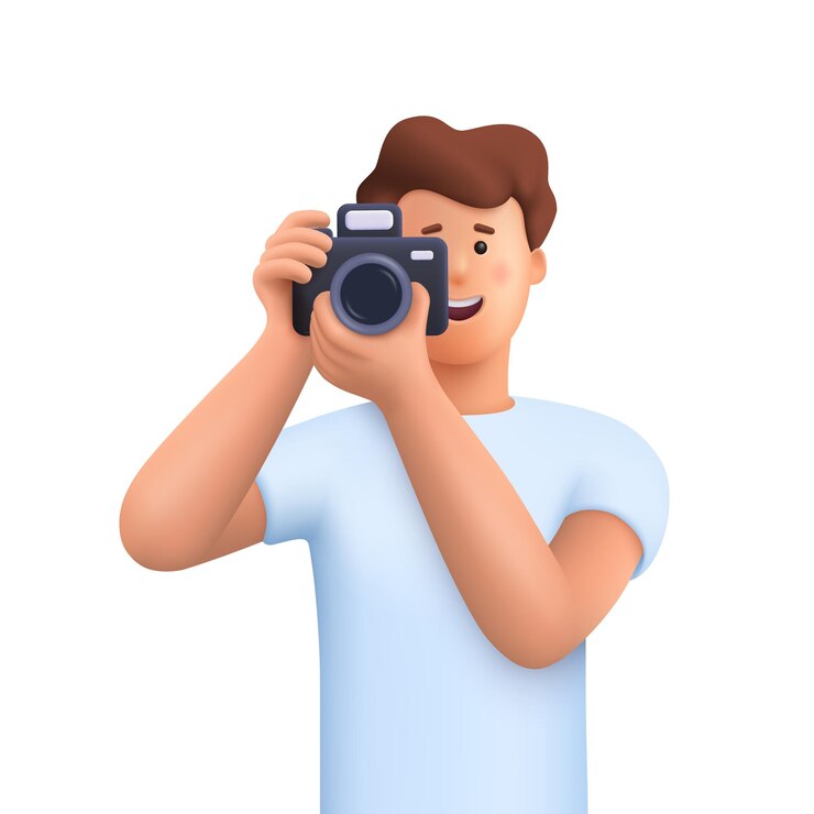 Vector fotógrafo con cámara tomando fotos 3d personas vectoriales ilustración de personajes minimal de dibujos animados