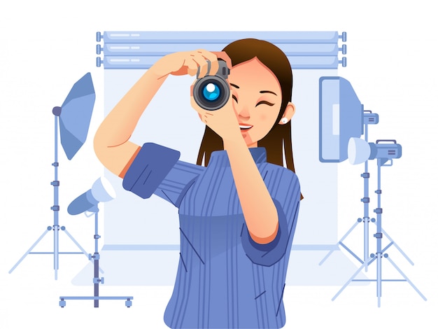 Vector fotógrafo de chica guapa joven tomando una foto con cámara digital en estudio profesional con muchos equipos de ilustración. utilizado para carteles, imágenes de sitios web y otros