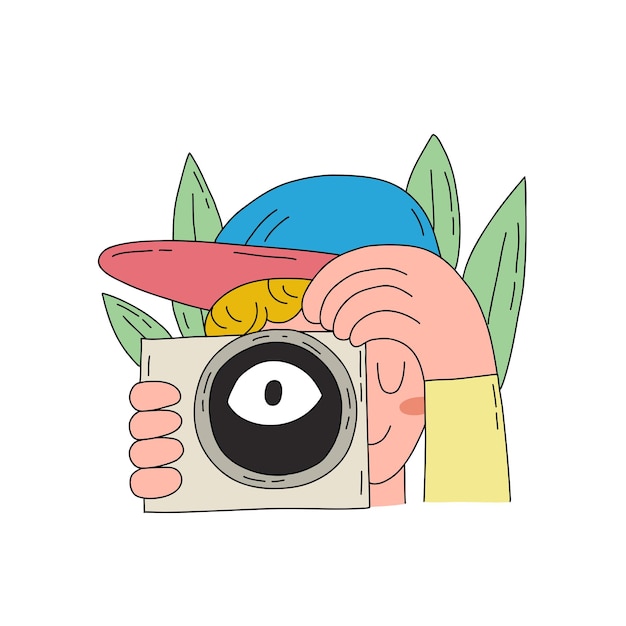 Fotógrafo de dibujos animados El personaje masculino está tomando fotografías Cámara digital profesional Vector plano