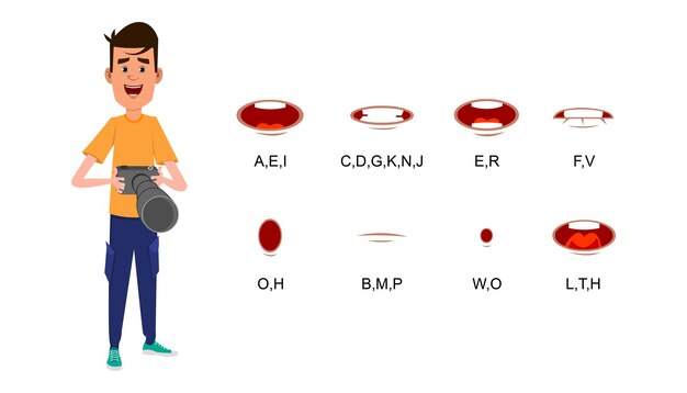 Vector fotógrafo con diferentes expresiones faciales configuradas para su animación o movimiento de diseño