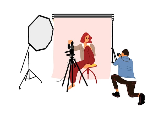 Fotógrafo disparando modelo en estudio concepto de sesión de fotos hombre tomando fotos con cámara profesional y equipo de luz linda mujer posando escena vectorial de hacer fotografía