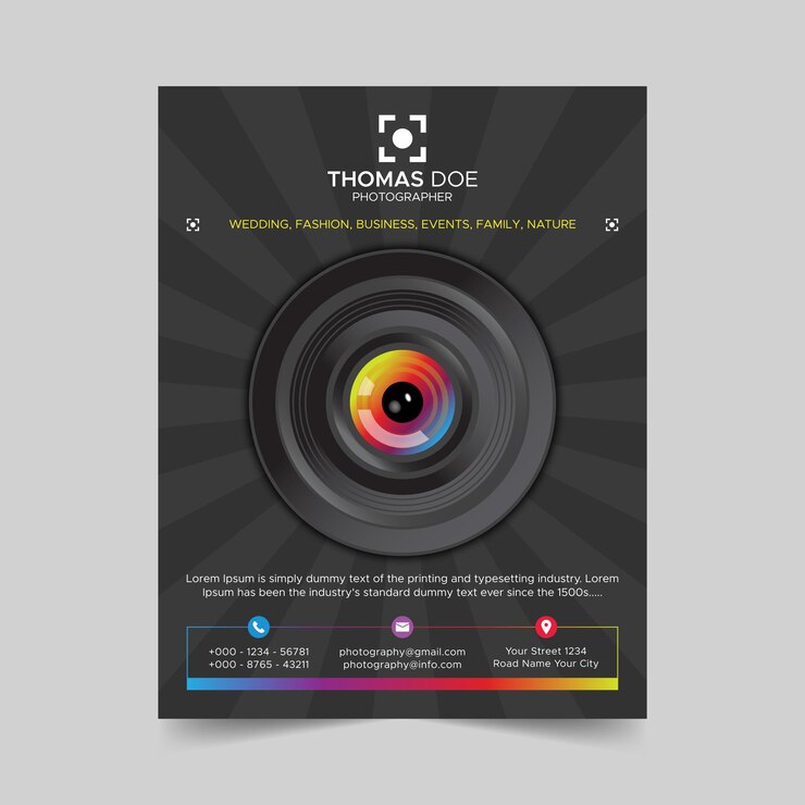 Vector fotógrafo flyer diseño creativo con lente de cámara.