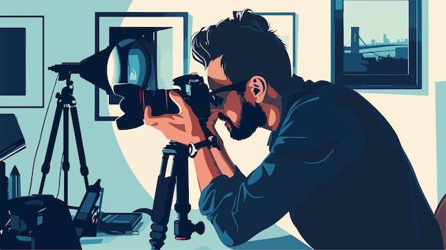 Fotógrafo profesional con cámara en estilo vectorial de estudio