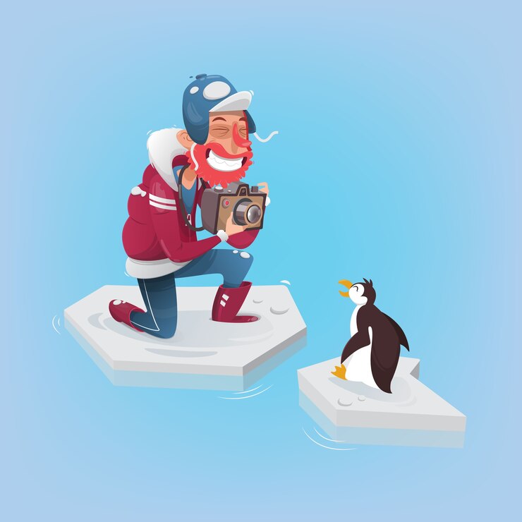 Vector fotógrafo que toma una imagen de un pingüino. ilustración del vector