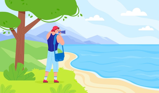 Fotógrafo tomando fotografía de paisaje Camarógrafo de viaje haciendo fotografía increíble naturaleza montaña turista junto al mar con descubrir cámara elegante vector ilustración