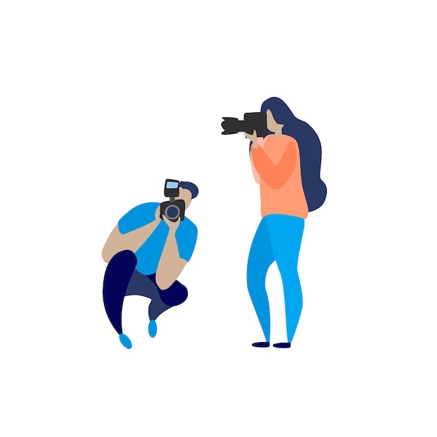 Fotógrafos hombre y mujer con cámaras Ilustración vectorial en estilo plano
