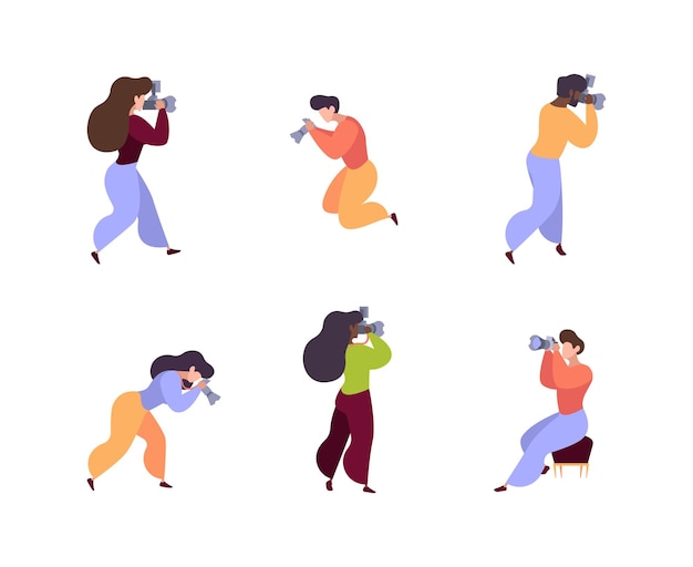 Fotógrafos Trabajadores profesionales con cámaras digitales paparazzi mujer posando interesante hobby llamativo vector fotógrafo personajes