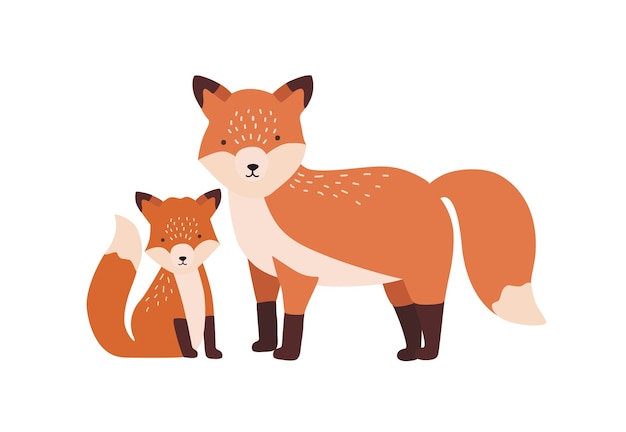 Vector fox con cachorro o cachorro aislado. familia de divertidos animales salvajes del bosque carnívoro. padre con cría, madre y bebé o descendencia