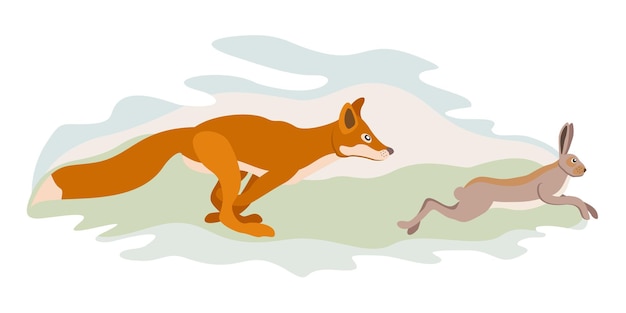 Vector fox corriendo tras la liebre. concepto de caza. fauna silvestre. ilustración aislada vectorial.