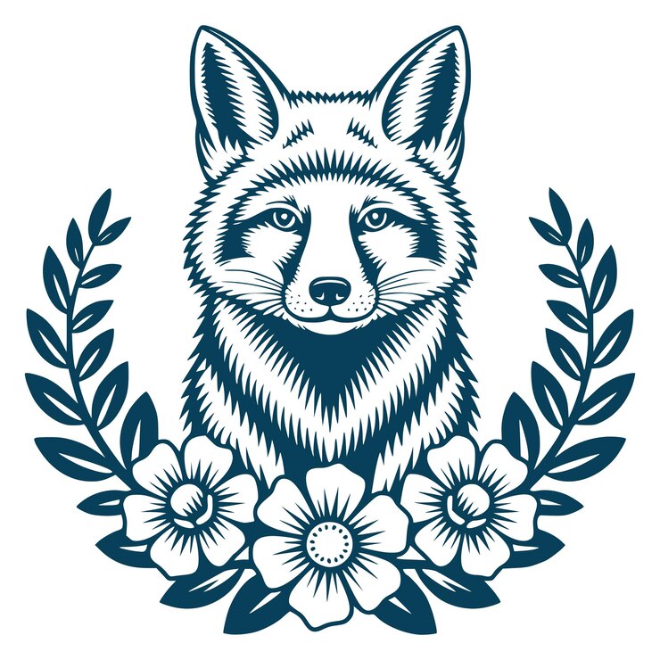Vector fox head with floral wreath