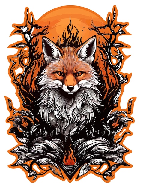 Fox con ilustración vectorial de raíz y fuego para pegatinas de camiseta y otros