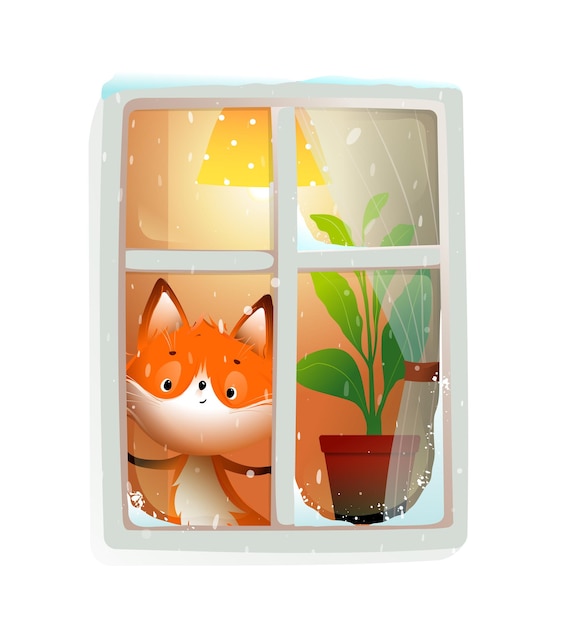 Fox en la ventana de invierno dibujos animados navideños para niños