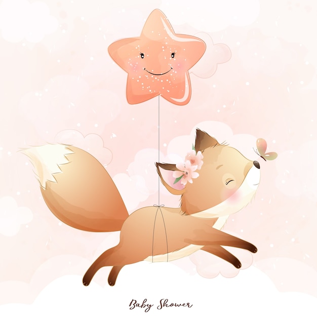 Vector foxy lindo doodle con ilustración de estrella