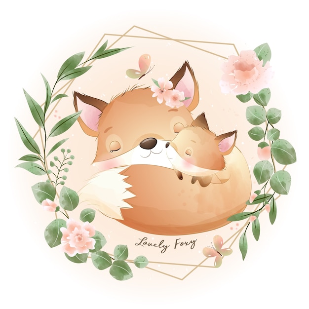 Vector foxy lindo doodle con ilustración floral