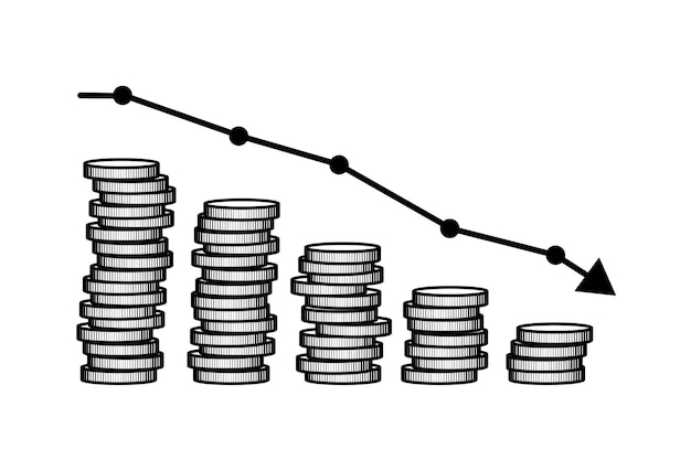 Fracaso financiero Montón de monedas descendentes como parte del gráfico financiero