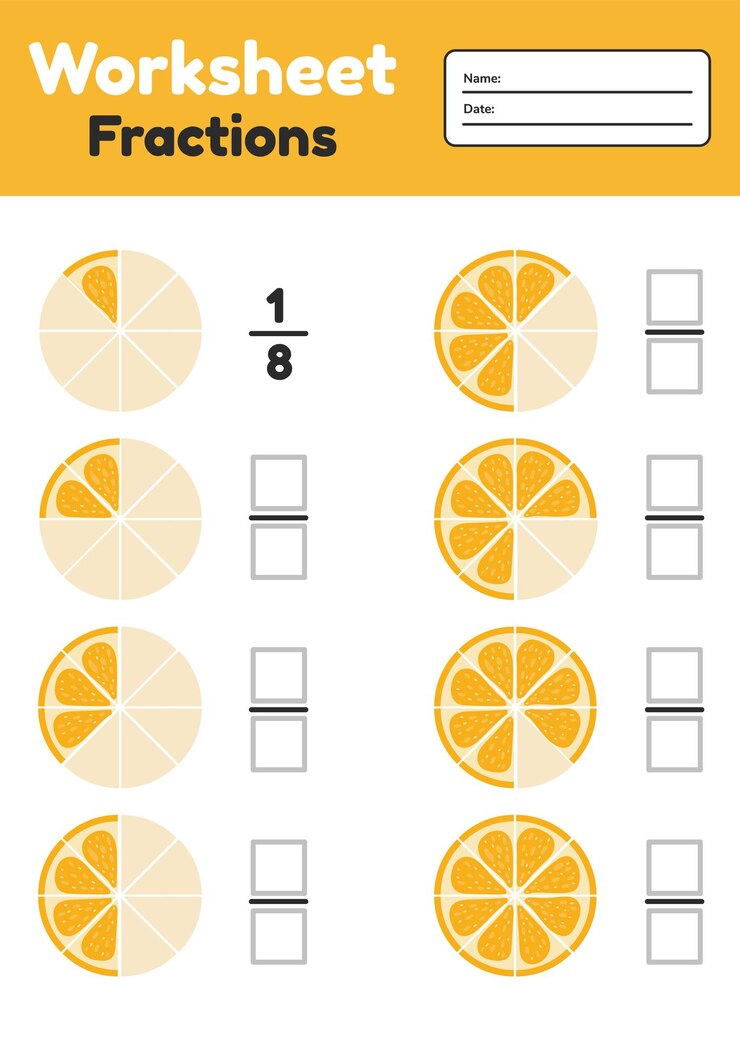 Vector fracciones de woorsheet para niños. matemáticas para niños en edad preescolar y escolar. naranja.