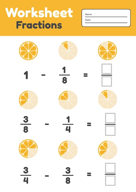 Fracciones de woorsheet para niños. sustracción. matemáticas para niños en edad preescolar y escolar. naranja.