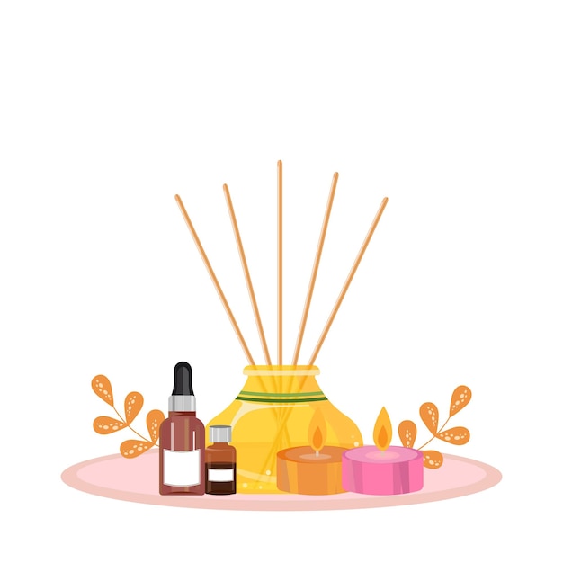 Fragancia con palos de bambú y velas.
