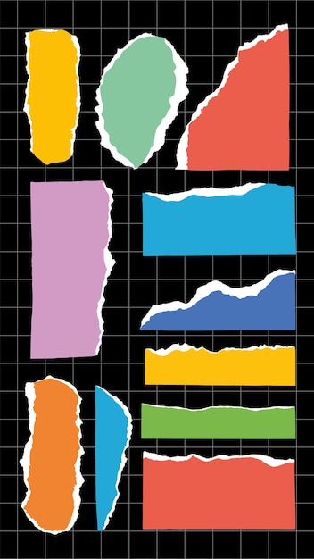 Fragmentos de papel rasgados de colores en un fondo de cuadrícula negra Varias formas y colores, incluidas piezas de papel rasgadas rojas, azules, verdes y amarillas Conjunto vectorial de elementos de colores