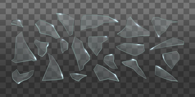 Vector fragmentos realistas sobre fondo transparente. fragmentos de los cristales rotos y grietas con transparencia. vidrios rotos realistas.