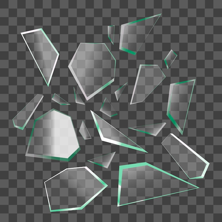 Vector fragmentos realistas de vidrio roto sobre fondo transparente ilustración de pieza afilada