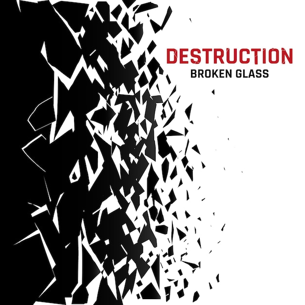 Fragmentos de vidrio roto fragmentos de ventana explosión de escombros desintegrarse después de la destrucción partículas negras explotadas astillas chocar superficie frágil dañada fondo de textura vectorial