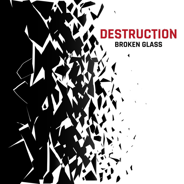 Vector fragmentos de vidrio roto fragmentos de ventana explosión de escombros desintegrarse después de la destrucción partículas negras explotadas astillas chocar superficie frágil dañada fondo de textura vectorial