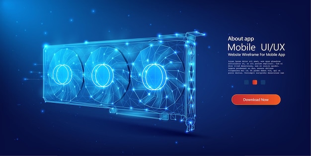 Frame de alambre azul neón de una tarjeta gráfica en un fondo oscuro que ilustra la tecnología informática moderna Componente de hardware de computadora Ilustración de polívectorial bajo en fondo azul